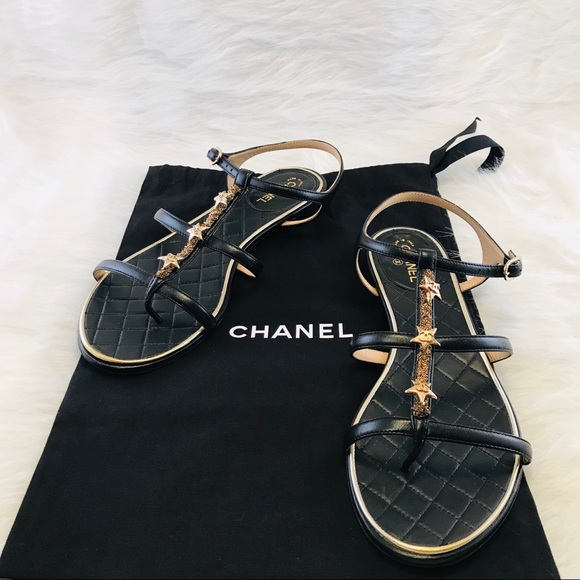 CHANEL Shoes - CHANEL Leather Sandals Gold Chain & CC Stars Black